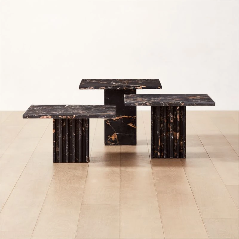 3-Piece Carve Square Black Marble Side Table Set
