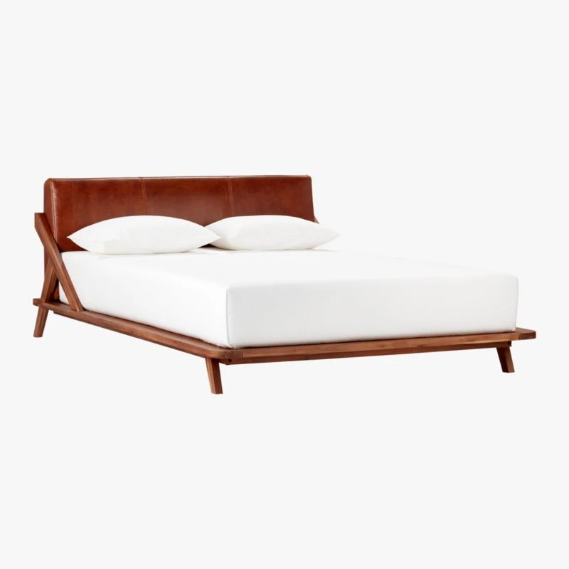 Drommen Acacia Wood Platform Queen Bed With Leather Headboard - Image 2