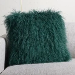 Teal Mongolian Sheepskin Fur Throw Pillow With Down-Alternative Insert 16"