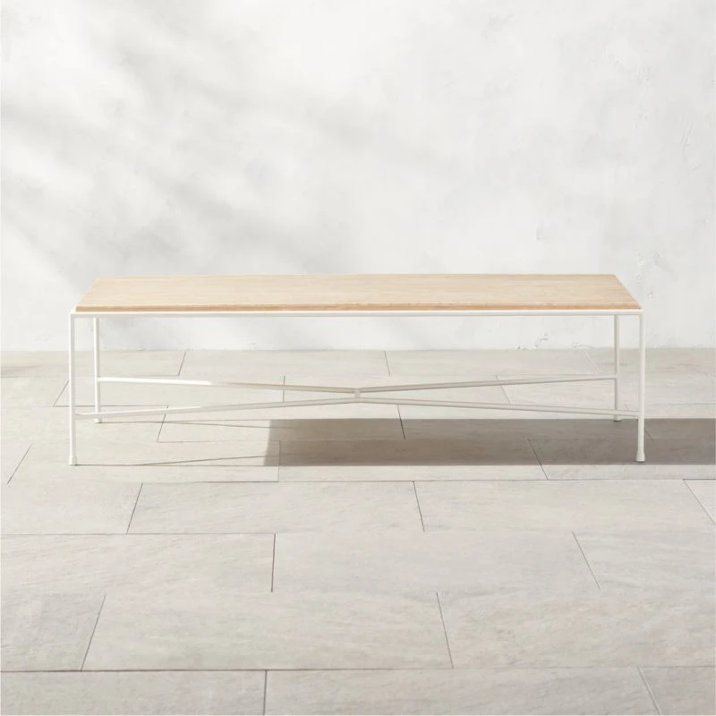 Pavilion Ivory Metal Outdoor Coffee Table With Travertine Top Model 6511