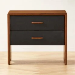 Ralston 2-Drawer Black Leather And Walnut Wood Nightstand