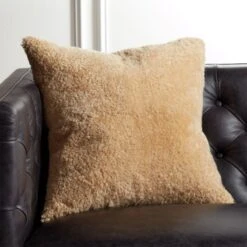 Shorn Camel Brown Sheepskin Fur Throw Pillow With Down-Alternative Insert 18"