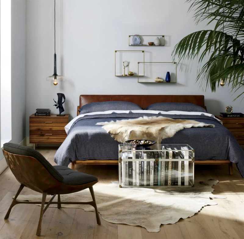 Drommen Acacia Wood Platform Queen Bed With Leather Headboard - Image 7